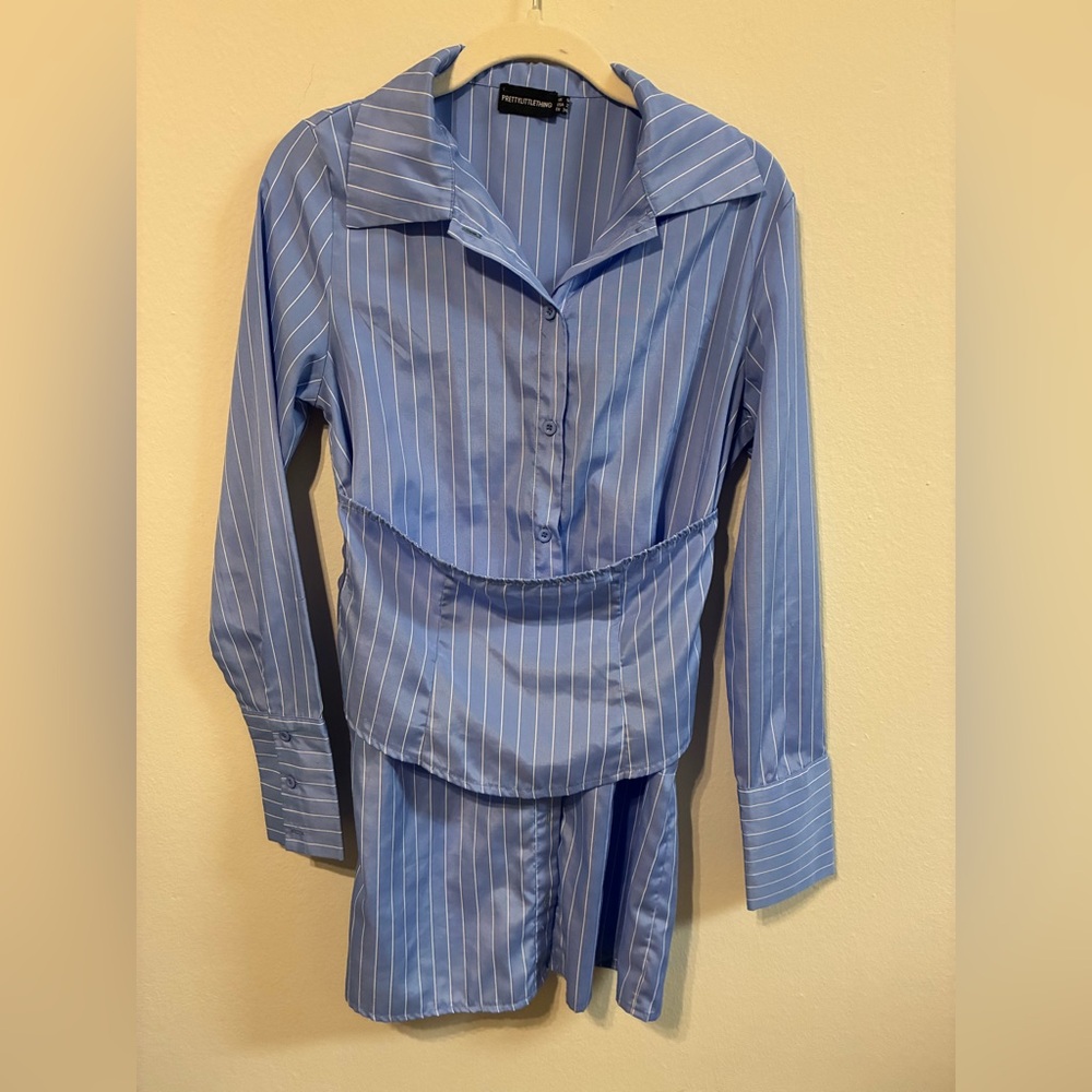 PrettyLittleThing Light Blue Striped Shirt and Pants Set